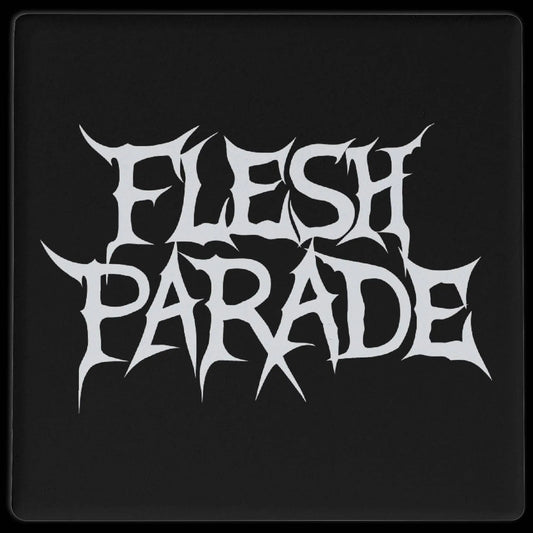 The image features the Flesh Parade "Classic Logo" in sharp, jagged white letters on black, perfect for Mainstay Entertainment’s ceramic coasters—ideal for adding an edgy touch to your space.