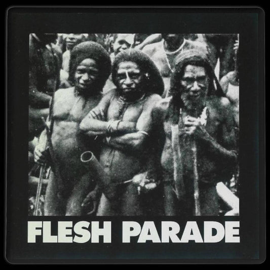 Three Indigenous men stand together, mostly unclothed, in this striking black-and-white image. “FLESH PARADE” and “Kill Whitey” appear at the bottom—featured on Mainstay Entertainment's unique Flesh Parade Ceramic Coasters.