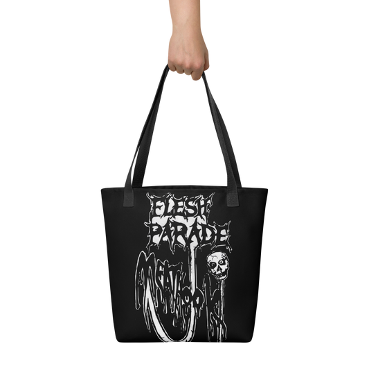 A hand holds the Mainstay Entertainment Flesh Parade "Meathook" Tote Bag V1, featuring a white, horror-inspired dripping text logo above a skull and melting graphics.