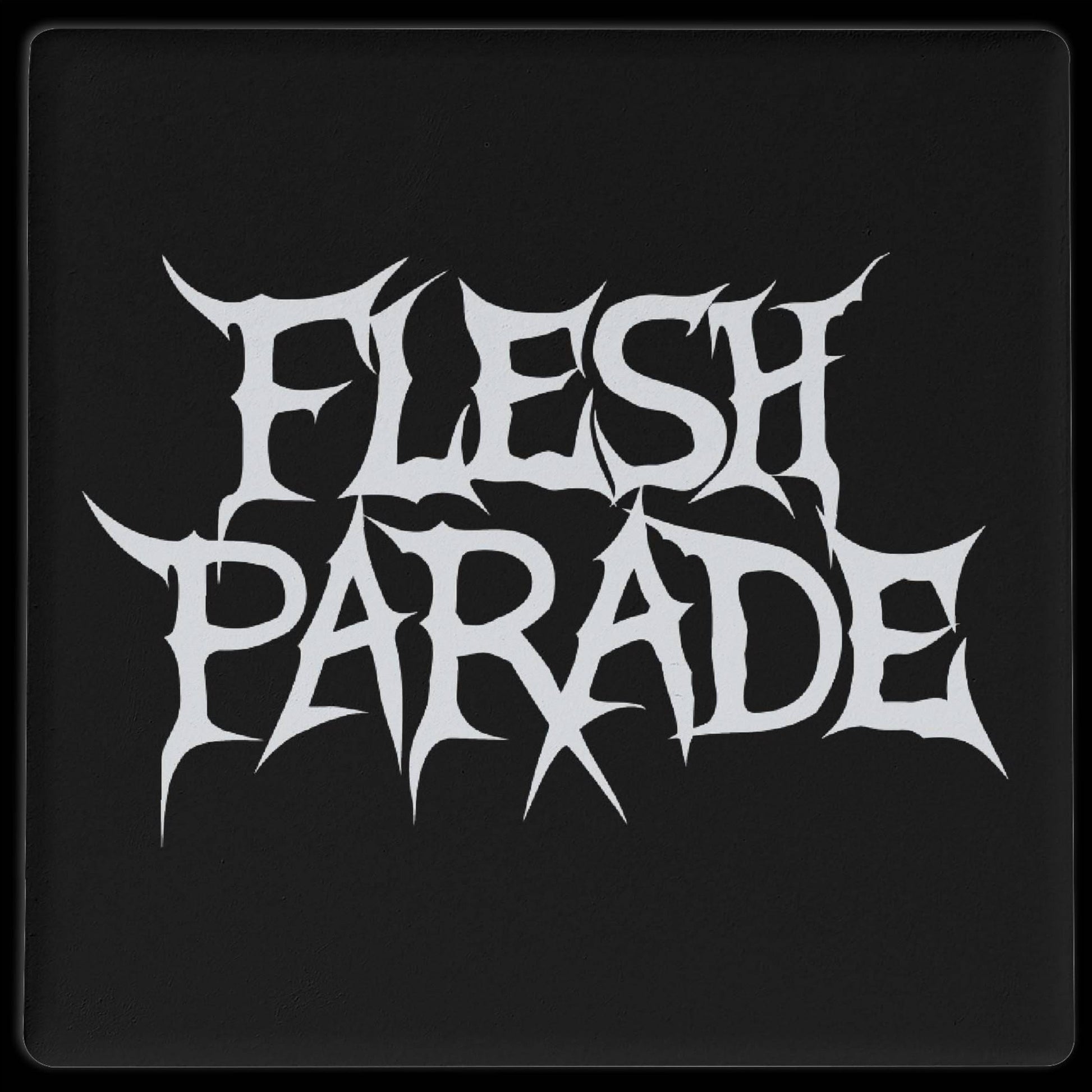The image features the Flesh Parade "Classic Logo" in sharp, jagged white letters on black, perfect for Mainstay Entertainment’s ceramic coasters—ideal for adding an edgy touch to your space.