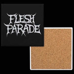 Mainstay Entertainment's Flesh Parade "Classic Logo" ceramic coaster features jagged white lettering on black, with a plain cork reverse—ideal for fans seeking unique, personalized drinkware.
