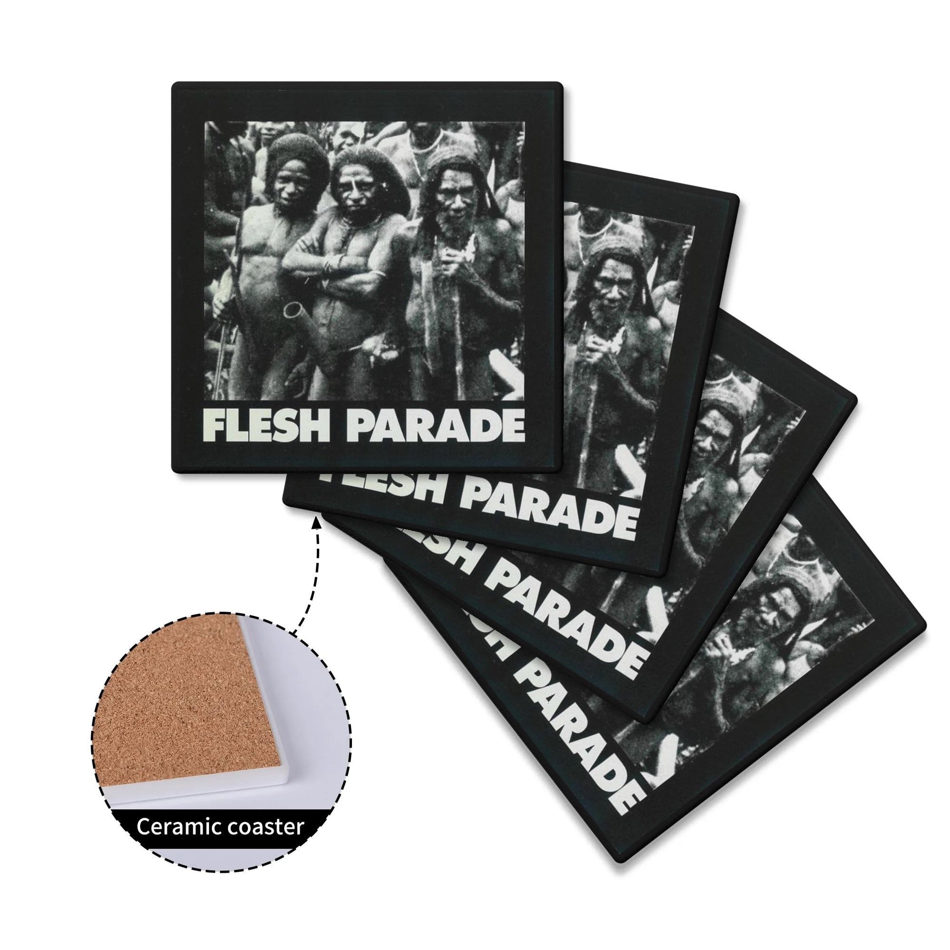 Mainstay Entertainment's Flesh Parade "Kill Whitey" ceramic coasters feature a black-and-white group photo with bold white FLESH PARADE text and cork backing, adding a striking, personalized touch to any setting.