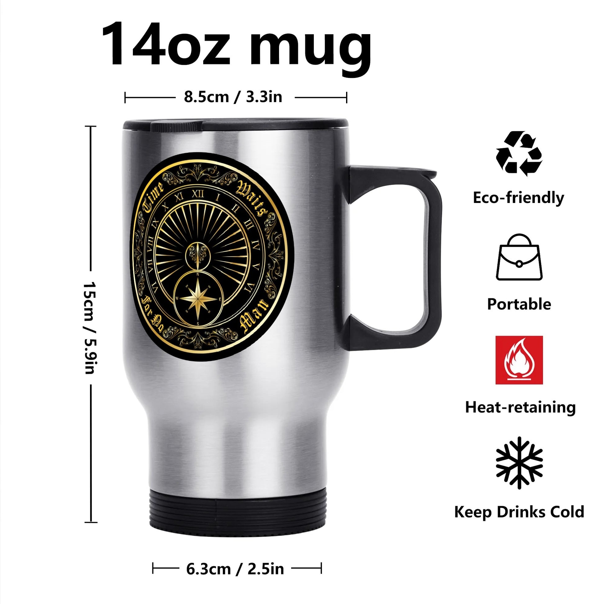 Time Waits For No Man "Sundial Logo" 14 oz. Travel Mug