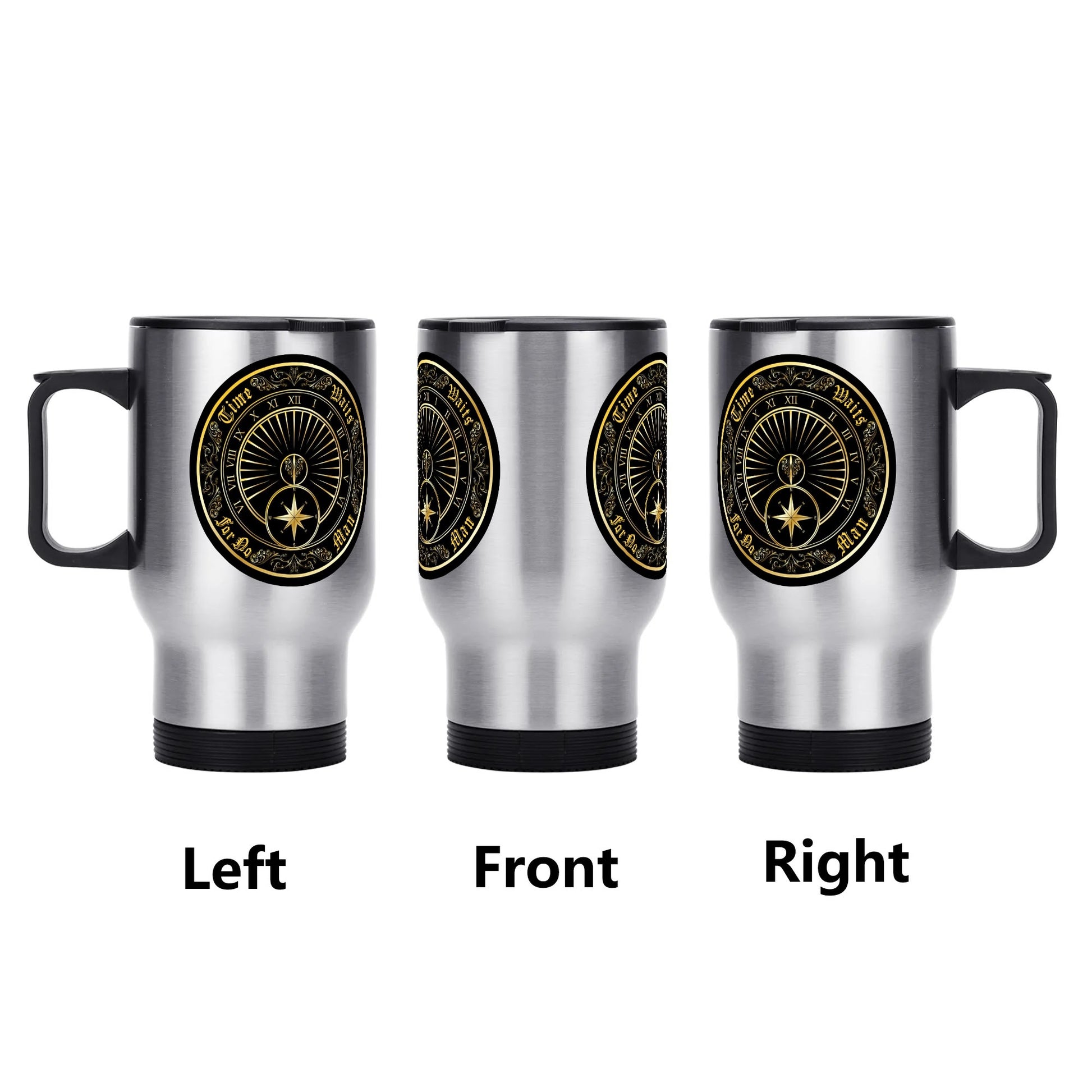 Time Waits For No Man "Sundial Logo" 14 oz. Travel Mug