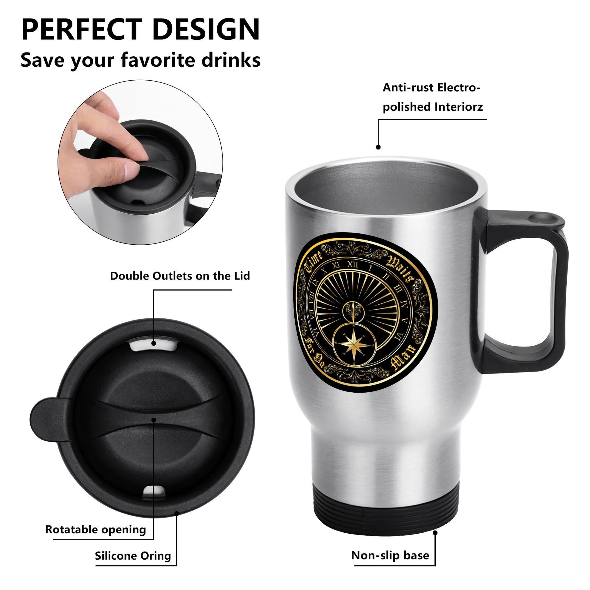 Time Waits For No Man "Sundial Logo" 14 oz. Travel Mug