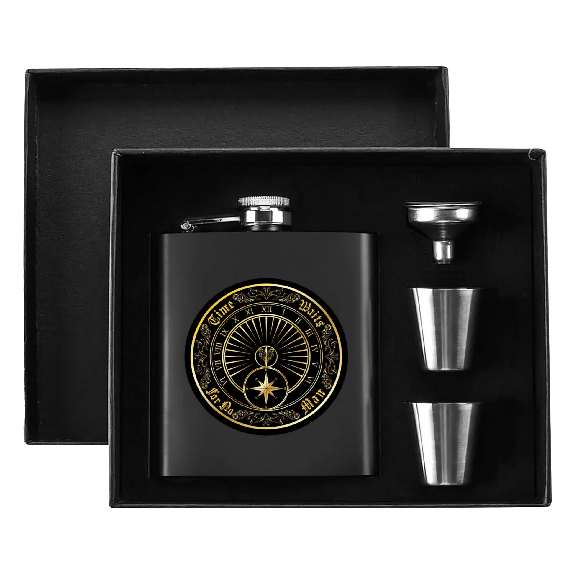 Time Waits For No Man "Sundial" 7oz. Hip Flask Black Stainless Steel Set