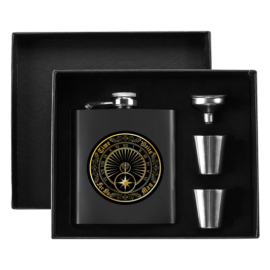 Time Waits For No Man "Sundial" 7oz. Hip Flask Black Stainless Steel Set