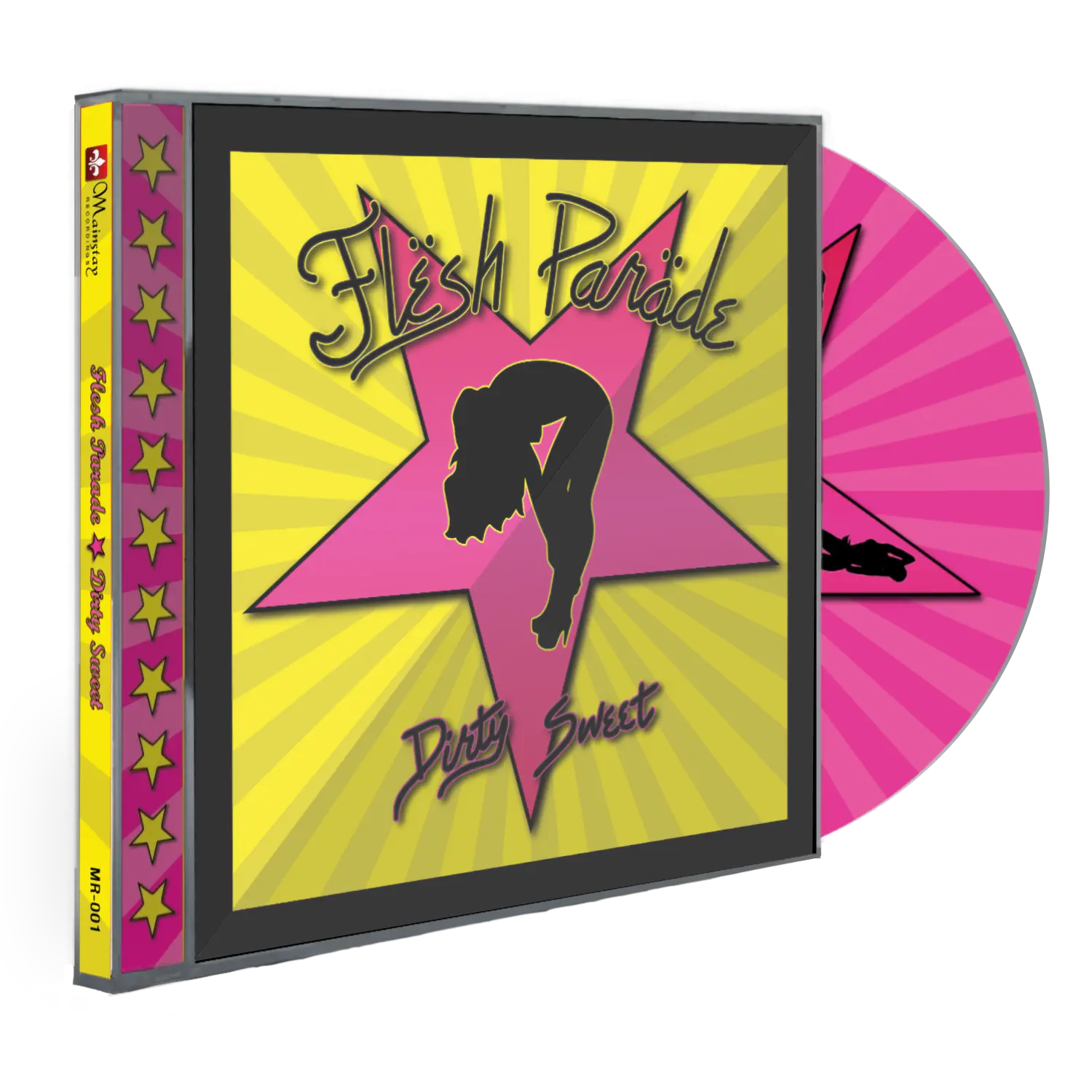 The Flesh Parade "Dirty Sweet" CD features a case and disc with bold yellow and pink graphics, including a large pink star, a woman's silhouette, and star designs along the spine, reflecting true Nola Style Grind.