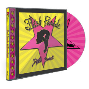 The Flesh Parade "Dirty Sweet" CD features a case and disc with bold yellow and pink graphics, including a large pink star, a woman's silhouette, and star designs along the spine, reflecting true Nola Style Grind.