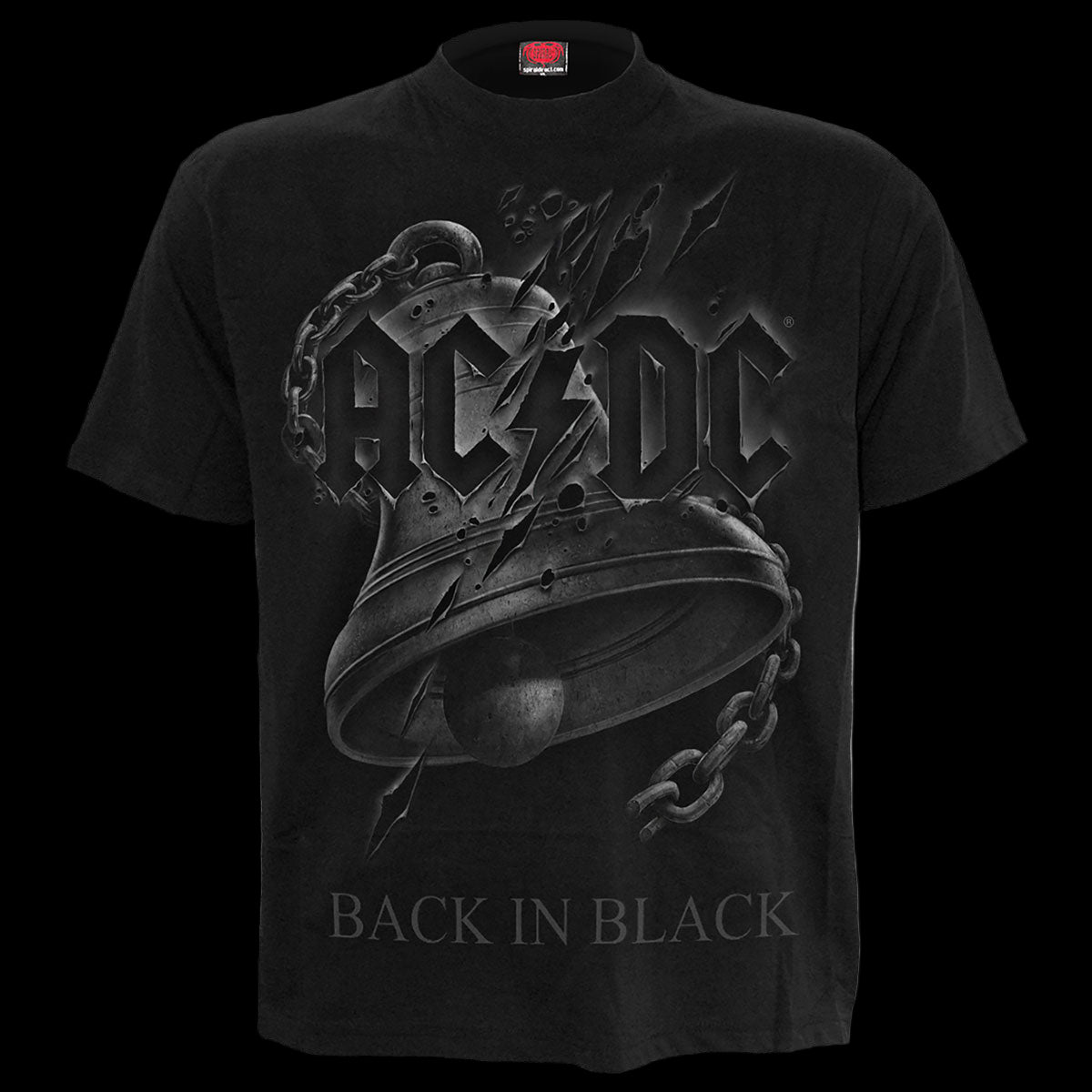 The AC/DC "Back In Black" Torn Shirt by Spiral USA features a bold metallic cracked iron bell with chains, the iconic AC/DC logo above, and "BACK IN BLACK" below—ideal for any heavy metal tee collection.