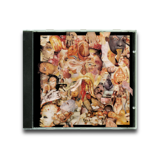 The Carcass "Reek of Putrefaction" CD from Earache Records features a stark white album cover with a collage of distorted, overlapping human body parts and faces—echoing classic goregrind and grindcore aesthetics.
