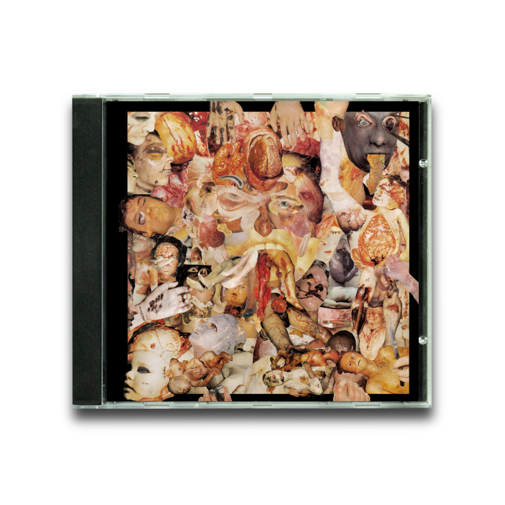The Carcass "Reek of Putrefaction" CD from Earache Records features a stark white album cover with a collage of distorted, overlapping human body parts and faces—echoing classic goregrind and grindcore aesthetics.