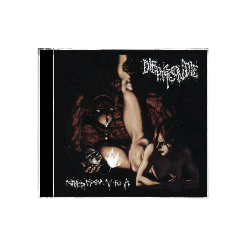 The Die Pigeon Die "Ripped from V to A" CD by No Escape Records features a dark metal cover with shadowy, surreal humanoid and animal figures around a glowing light and the album title in an unclear script at the bottom.