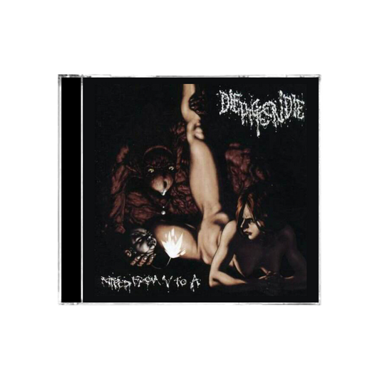 The Die Pigeon Die "Ripped from V to A" CD by No Escape Records features a dark metal cover with shadowy, surreal humanoid and animal figures around a glowing light and the album title in an unclear script at the bottom.