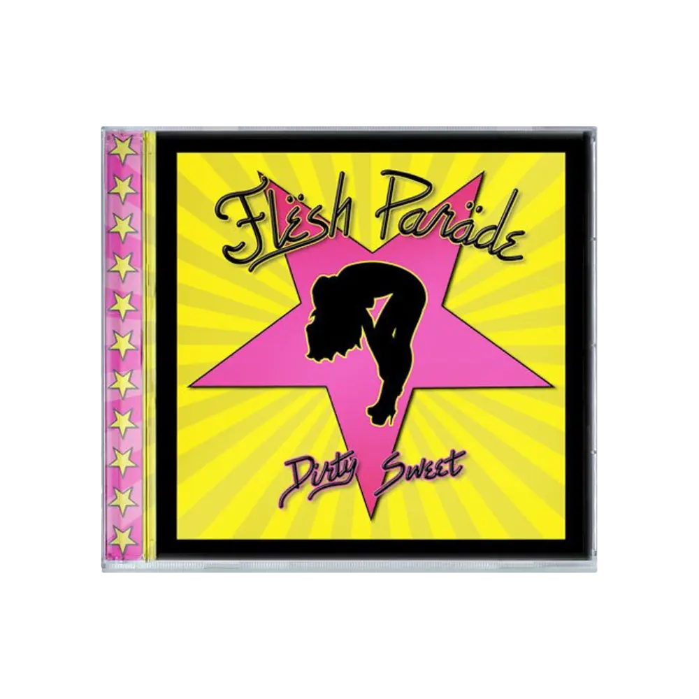 CD cover for Flesh Parade "Dirty Sweet": features Nola Style Grind with a black silhouette of a dancing woman inside a big pink star on a yellow background with radiating lines and pink stars along the side.