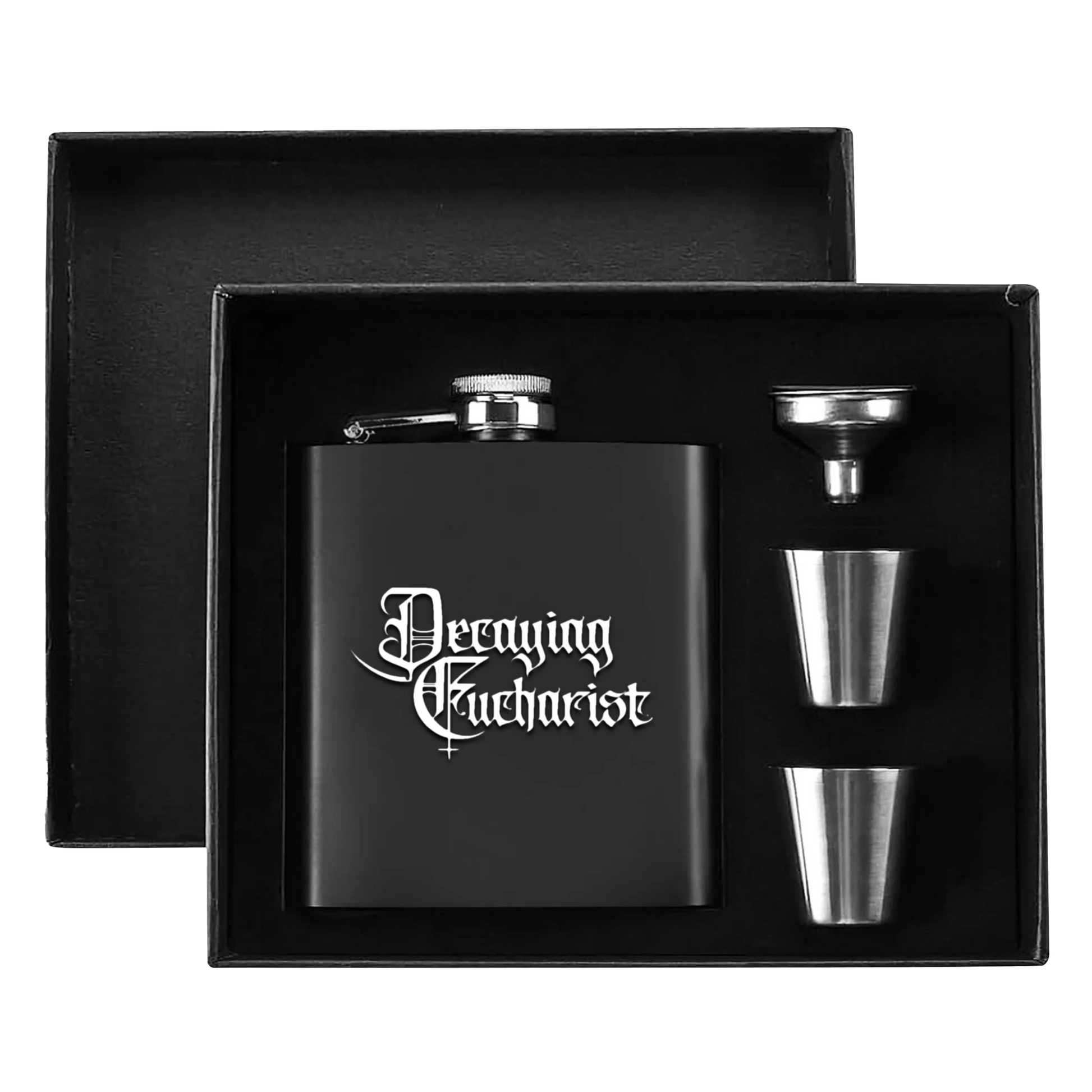 Decaying Eucharist "Logo" 7oz. Hip Flask Black Stainless Steel Set - Mainstay Entertainment