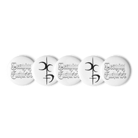 The Decaying Eucharist "Logo" set from Mainstay Entertainment includes five glossy round white pin buttons: two with black gothic "Dooming Enthusiast" text and three featuring bold, abstract black symbols.