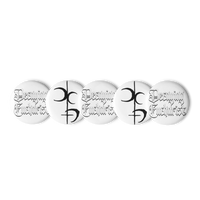 The Decaying Eucharist "Logo" Set of (5) Buttons by Mainstay Entertainment features scratch-resistant white pins: two with black gothic “Dreaming Knights” text, two with a bold mirrored “D” abstract, and one additional unique design.
