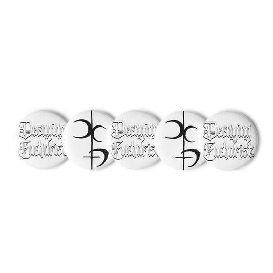 The Decaying Eucharist "Logo" Set of (5) Buttons by Mainstay Entertainment features scratch-resistant white pins: two with black gothic “Dreaming Knights” text, two with a bold mirrored “D” abstract, and one additional unique design.
