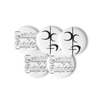 The Decaying Eucharist "Logo" Set of 5 Buttons by Mainstay Entertainment includes three with gothic "Devouring Eucharist" text and two with bold black symbols, all scratch-resistant for lasting durability.
