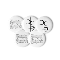 The Decaying Eucharist "Logo" Set of (5) Buttons by Mainstay Entertainment includes three buttons with “Degrading Eucharist” in gothic font and two with an abstract black symbol. Each glossy, white button is scratch and UV-resistant for daily use.