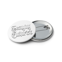 A set of five round, glossy pin-back buttons from Mainstay Entertainment featuring the Decaying Eucharist "Logo" in black Gothic script on white. Buttons are scratch and UV-resistant. Both front and back views shown.