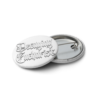 The Decaying Eucharist "Logo" Set of (5) Buttons by Mainstay Entertainment features round, scratch-resistant metal pin-back buttons with a Gothic font logo on white, partially opened to show the pin mechanism.