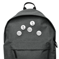 A gray backpack featuring Mainstay Entertainment's Decaying Eucharist "Logo" set: five round, scratch-resistant pins—three with a black abstract logo and two with handwritten text reading "You’re doing great sweetie.