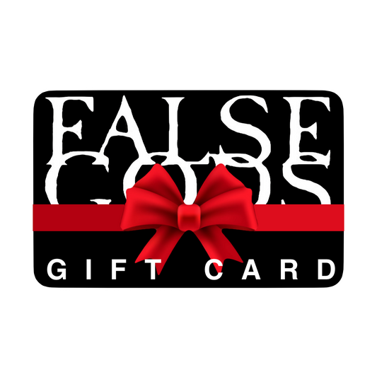 The Mainstay Entertainment False Gods eGift Card features bold white FALSE GODS text, a red bow at the center, and "GIFT CARD" in white—making it a standout holiday gift.