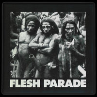 Three Indigenous men stand together, mostly unclothed, in this striking black-and-white image. “FLESH PARADE” and “Kill Whitey” appear at the bottom—featured on Mainstay Entertainment's unique Flesh Parade Ceramic Coasters.