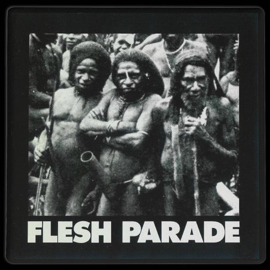 Three Indigenous men stand together, mostly unclothed, in this striking black-and-white image. “FLESH PARADE” and “Kill Whitey” appear at the bottom—featured on Mainstay Entertainment's unique Flesh Parade Ceramic Coasters.