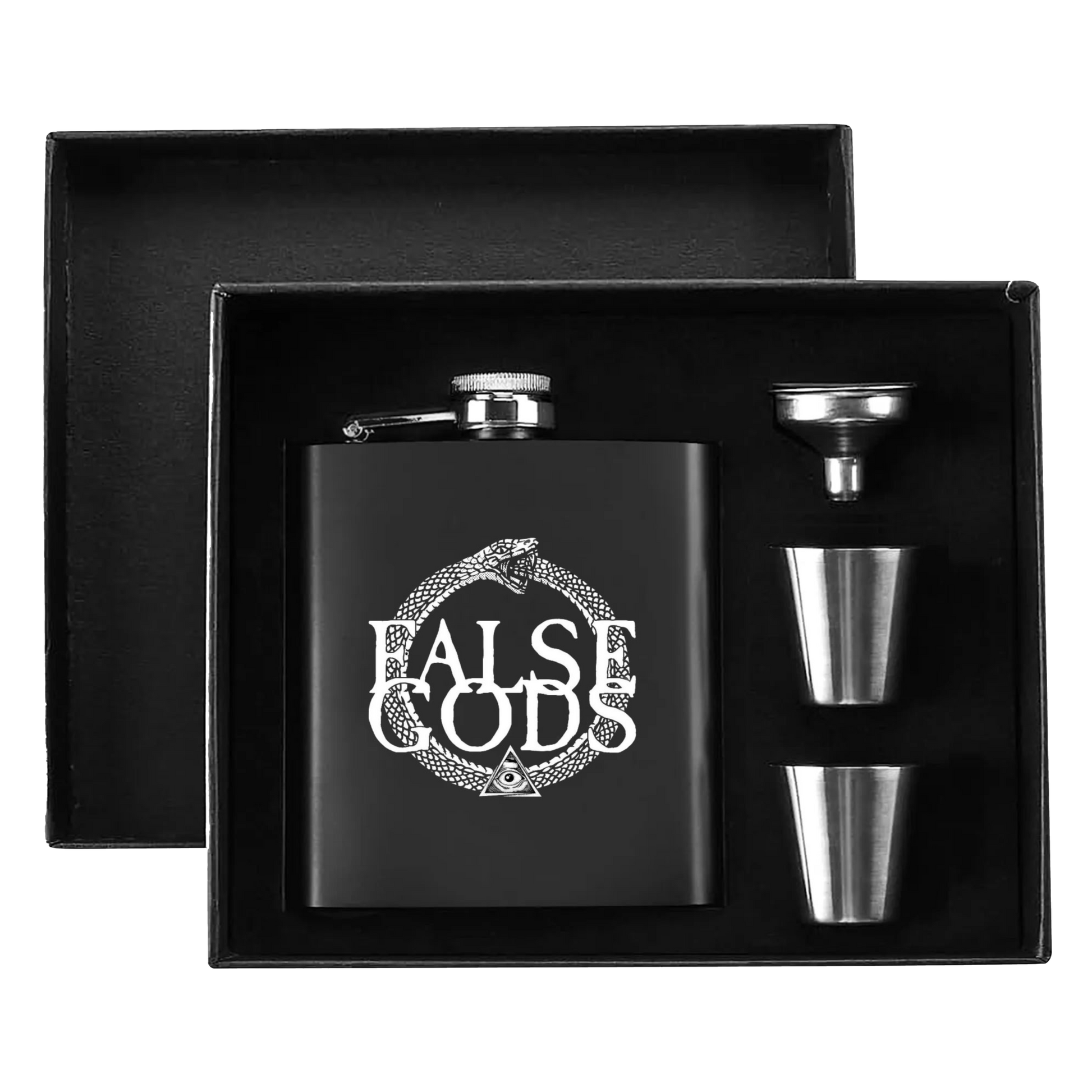 False Gods "Snake Logo" 7oz. Hip Flask Black Stainless Steel Set - Mainstay Entertainment