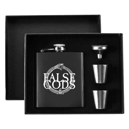 False Gods "Snake Logo" 7oz. Hip Flask Black Stainless Steel Set - Mainstay Entertainment