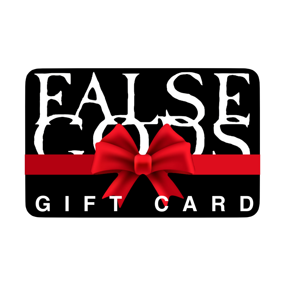 The Mainstay Entertainment False Gods eGift Card features bold white FALSE GODS text, a red bow at the center, and "GIFT CARD" in white—making it a standout holiday gift.