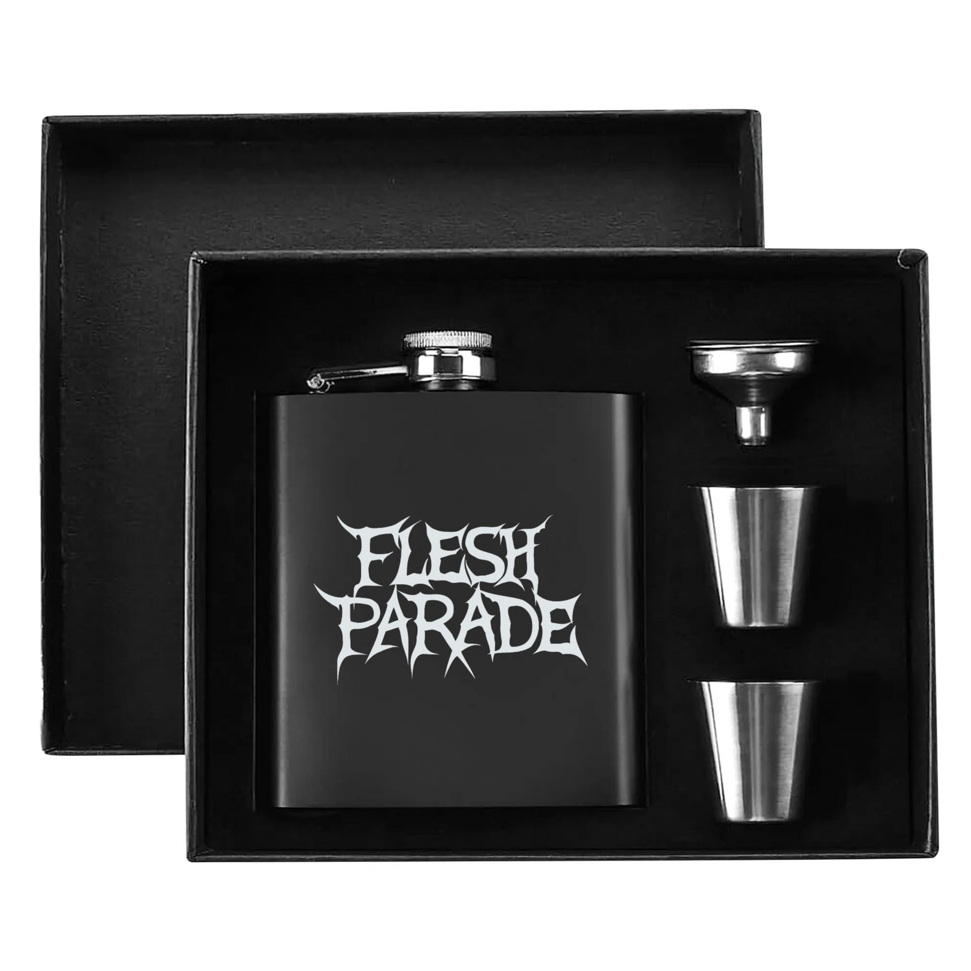 Flesh Parade "Classic Logo" 7oz. Hip Flask Black Stainless Steel Set - Mainstay Entertainment