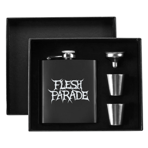 Flesh Parade "Classic Logo" 7oz. Hip Flask Black Stainless Steel Set - Mainstay Entertainment