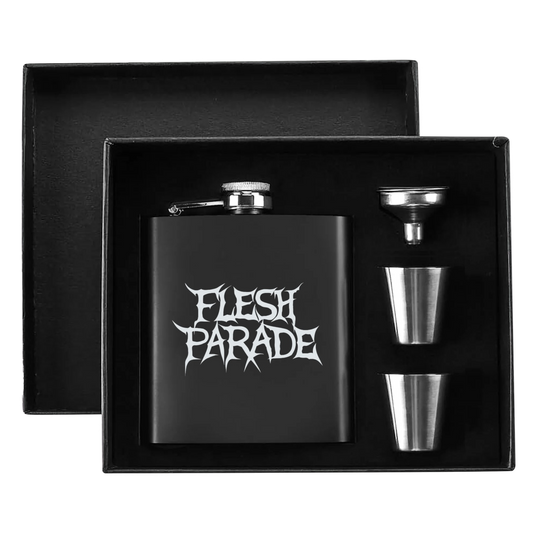 Flesh Parade "Classic Logo" 7oz. Hip Flask Black Stainless Steel Set - Mainstay Entertainment