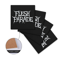 Four Flesh Parade "Classic Logo" ceramic coasters by Mainstay Entertainment are stacked, each featuring bold, jagged white text. A circular inset shows a close-up of the personalized coasters’ cork backing.