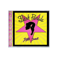 CD cover for Flesh Parade "Dirty Sweet": features Nola Style Grind with a black silhouette of a dancing woman inside a big pink star on a yellow background with radiating lines and pink stars along the side.