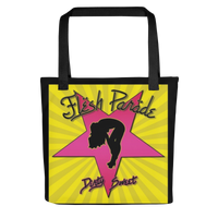 The Mainstay Entertainment Flesh Parade "Dirty Sweet" Tote Bag features a yellow background with radiating lines, a large pink star, and a black silhouette of a woman in a backbend, plus Flesh Parade and Dirty Sweet text.