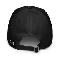 Back view of the Flesh Parade "Embroidered Logo" Under Armour® Hat in black, featuring an adjustable strap with metal buckle, logo patch near the opening, and a HeatGear sweatband to keep you cool during workouts.