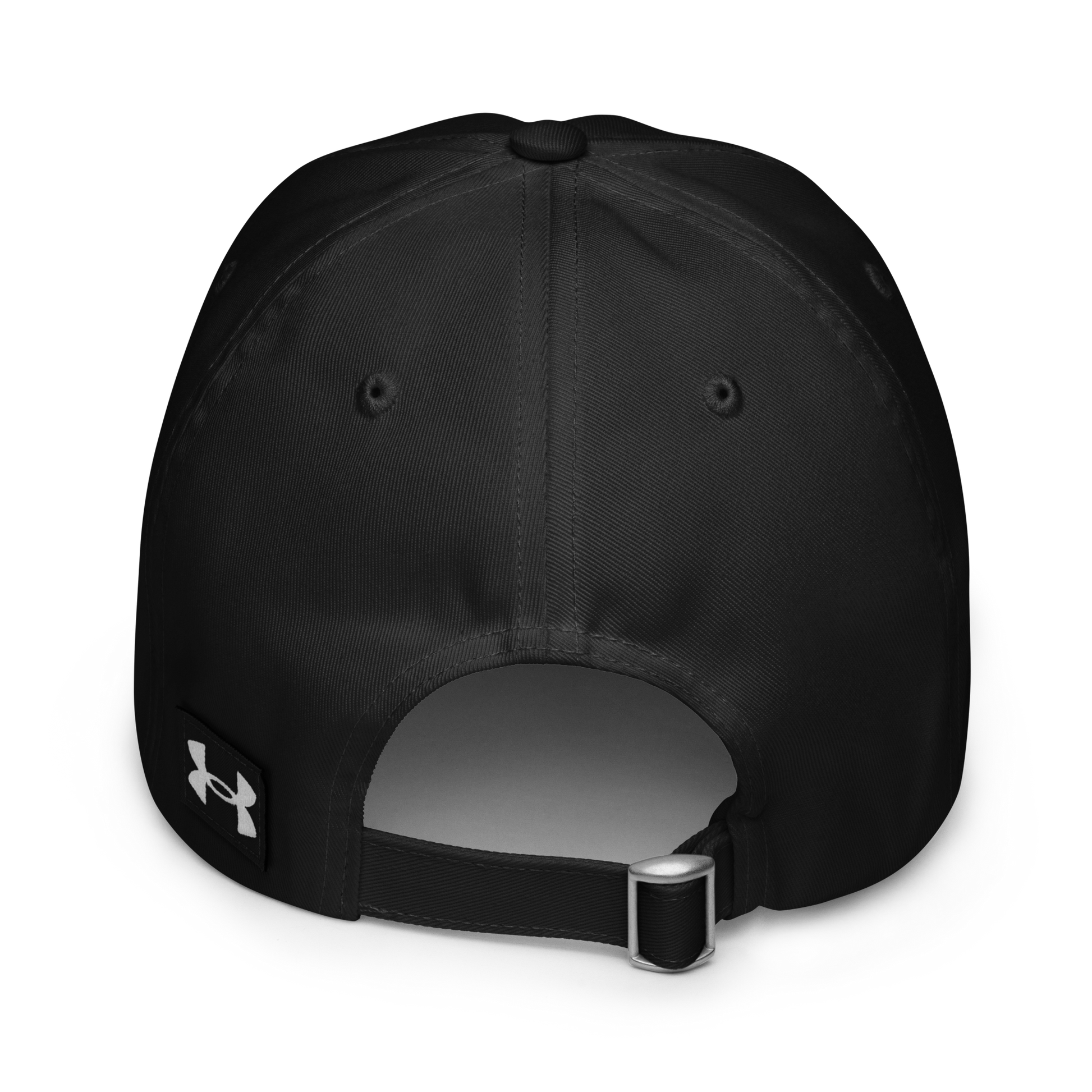 Back view of the Flesh Parade "Embroidered Logo" Under Armour® Hat in black, featuring an adjustable strap with metal buckle, logo patch near the opening, and a HeatGear sweatband to keep you cool during workouts.