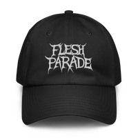 The Flesh Parade "Embroidered Logo" Under Armour® Hat features sharp white FLESH PARADE lettering on black, plus a comfy HeatGear sweatband—ideal for making a bold statement at the gym or on the go.