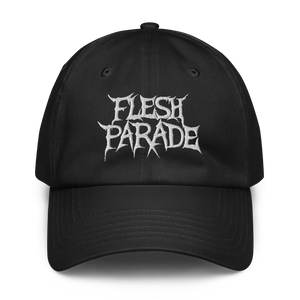 The Flesh Parade "Embroidered Logo" Under Armour® Hat features sharp white FLESH PARADE lettering on black, plus a comfy HeatGear sweatband—ideal for making a bold statement at the gym or on the go.