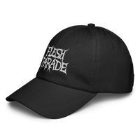 The Flesh Parade "Embroidered Logo" Under Armour® Hat is a black workout cap with jagged white FLESH PARADE lettering, shown from the side on a white background, featuring a comfortable HeatGear sweatband to keep you cool.