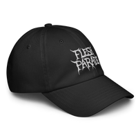 The Flesh Parade "Embroidered Logo" Under Armour® Hat is black with angular white FLESH PARADE text on the front, features a comfortable HeatGear sweatband, and is shown against a white background.