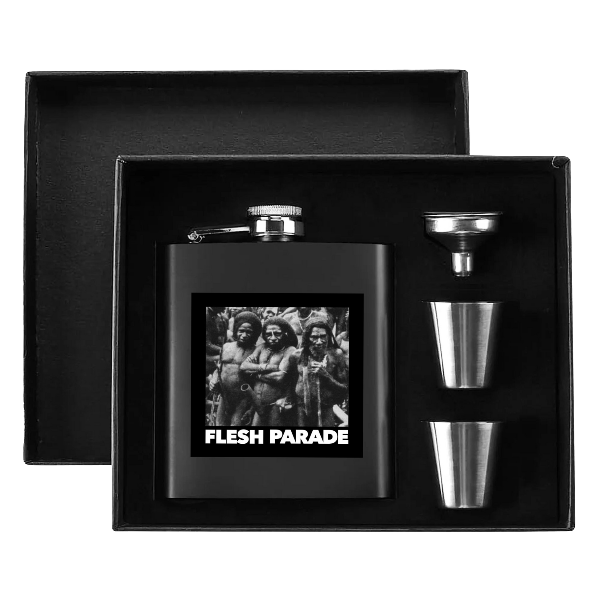 Flesh Parade "Kill Whitey" 7oz. Hip Flask Black Stainless Steel Set - Mainstay Entertainment