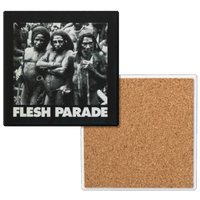 The Flesh Parade "Kill Whitey" Ceramic Coaster by Mainstay Entertainment features a black-and-white photo of indigenous men with spears, FLESH PARADE caption, cork back for durability—ideal for those seeking unique, stylish coasters.