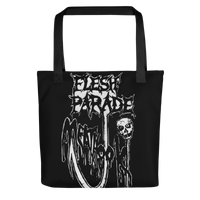 The Flesh Parade "Meathook" Tote Bag V1 by Mainstay Entertainment is a spacious black tote featuring gothic white Flesh Parade text above distorted lettering and a skull-on-a-hook graphic in a horror-inspired style.
