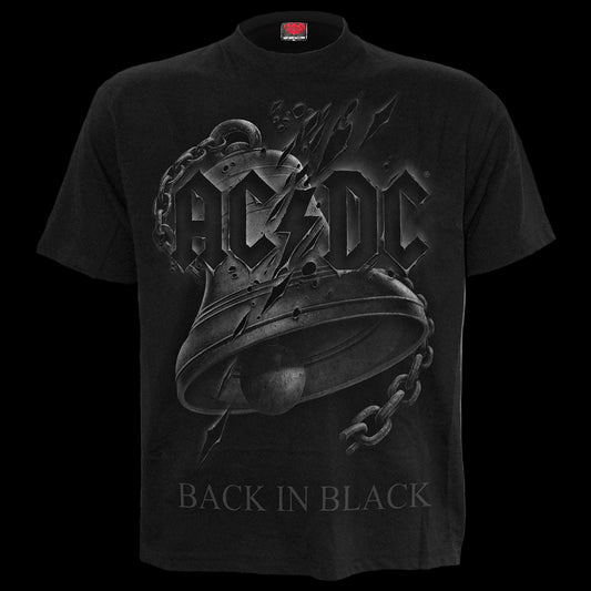 The AC/DC "Back In Black" Torn Shirt by Spiral USA features a bold metallic cracked iron bell with chains, the iconic AC/DC logo above, and "BACK IN BLACK" below—ideal for any heavy metal tee collection.